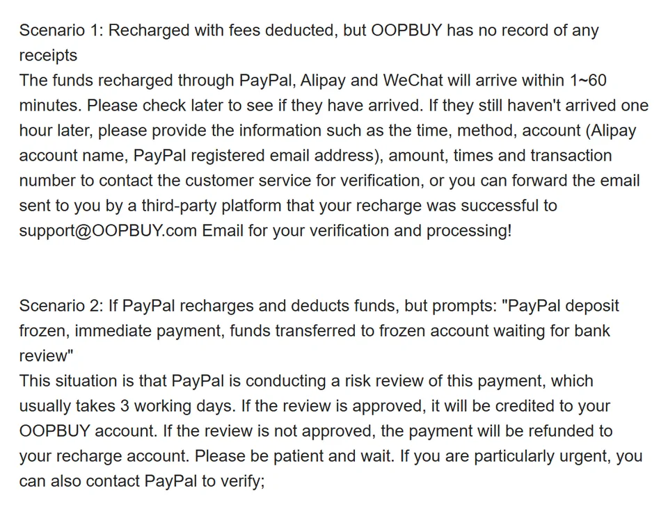 Crop of the FAQ scenarios for top-ups that were deducted but not credited