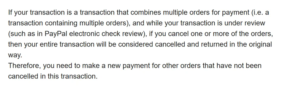 Crop of the FAQ on cancelling one order inside a consolidated payment