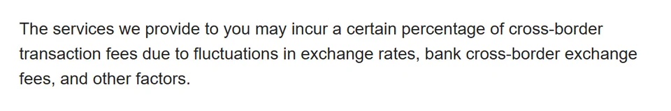 Crop of the FAQ explaining cross-border transaction fees without giving a percentage