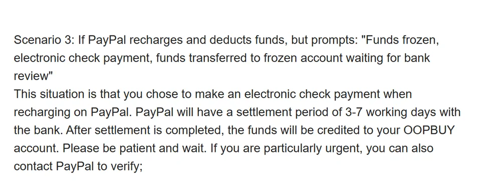 Crop of the FAQ scenario on PayPal electronic cheque payments taking 3 to 7 working days