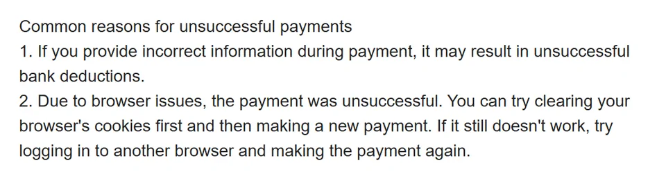 Crop of the FAQ listing common reasons for unsuccessful payments