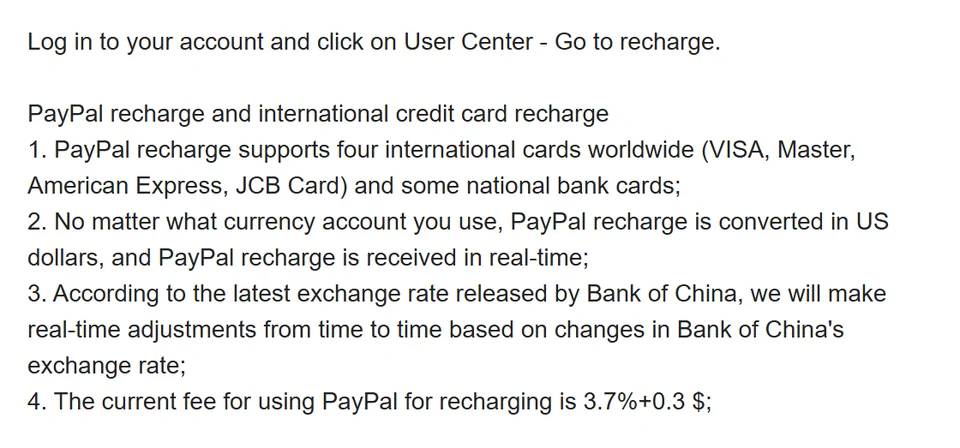 Crop of the FAQ answer on recharge methods, ending with a 3.7% plus 0.3 dollar fee