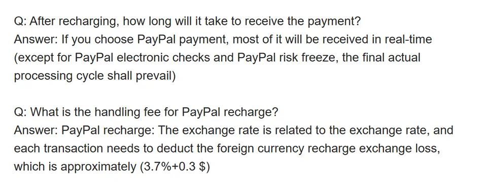 Crop of the FAQ answer calling the PayPal charge an exchange loss deducted from each transaction, about 3.7% plus 0.3 dollars