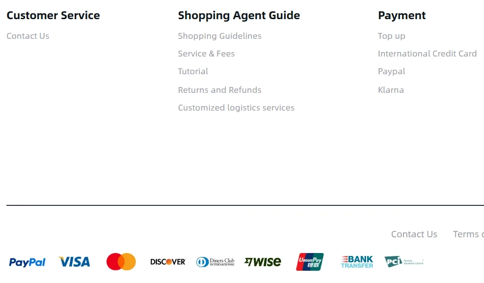 Crop of the Oopbuy footer: Payment column links and the row of payment scheme logos