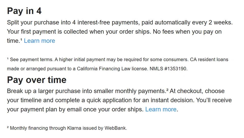 Crop of the Oopbuy Klarna page describing Pay in 4, Pay over time and their US footnotes