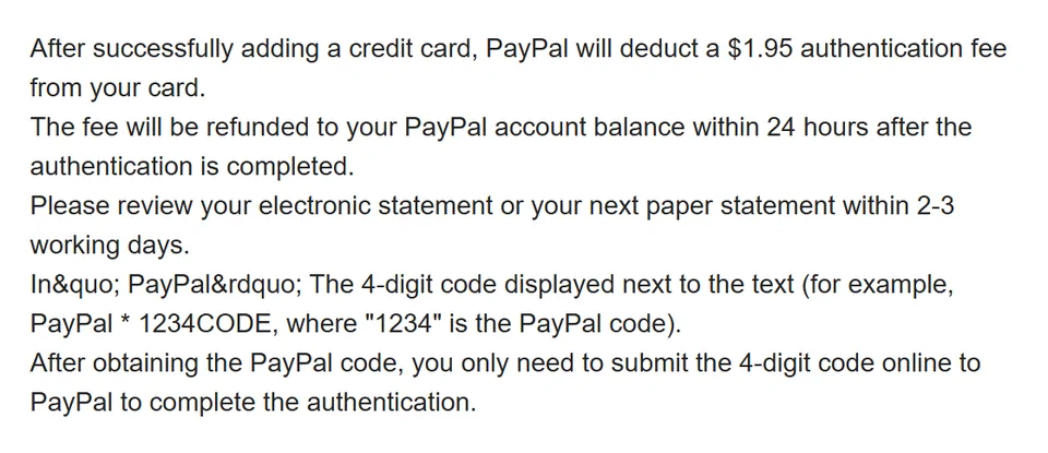 Crop of the FAQ explaining PayPal's 1.95 dollar card authentication charge and its refund