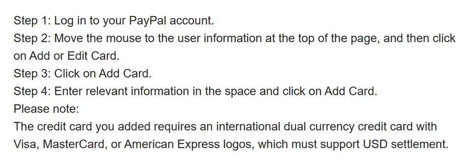 Crop of the FAQ on adding a card to PayPal, requiring a dual currency card that supports USD settlement