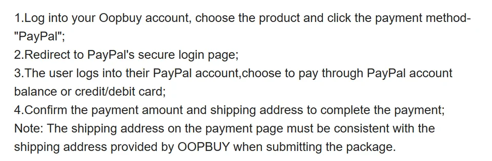 Crop of the official PayPal page: four steps and the note that addresses must match
