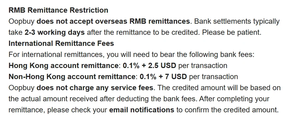 Crop of the Oopbuy remittance notice: no overseas yuan remittances, bank fees 0.1% plus 2.5 or 7 dollars