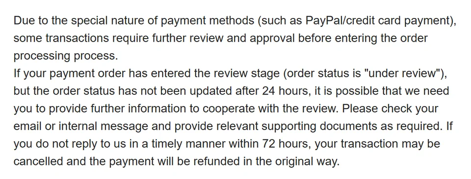 Crop of the FAQ on transaction review time limits: 24 hours and 72 hours
