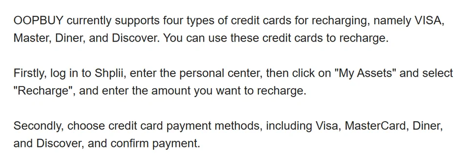 Crop of an FAQ entry about Shplii recharge listing Visa, Master, Diner and Discover