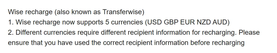 Crop of the Wise paragraph on the Oopbuy Top up page, listing five currencies