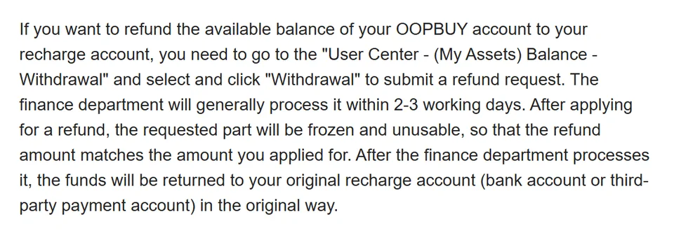 Crop of the FAQ on withdrawing an Oopbuy balance back to the original recharge account